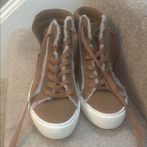 Tan and White High-Top Sneakers with Canvas Upper